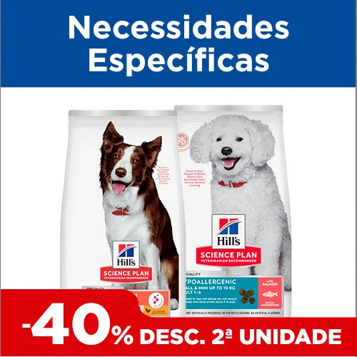 40% de desconto na 2.ª unidade em necessidades específicas para cães.