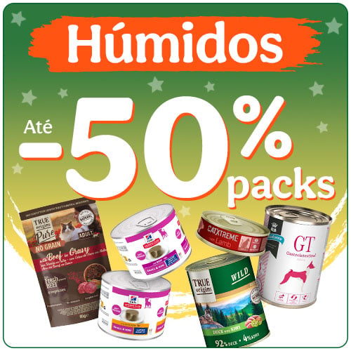 Até 50% de desconto em packs de comida húmida para o seu patudo.