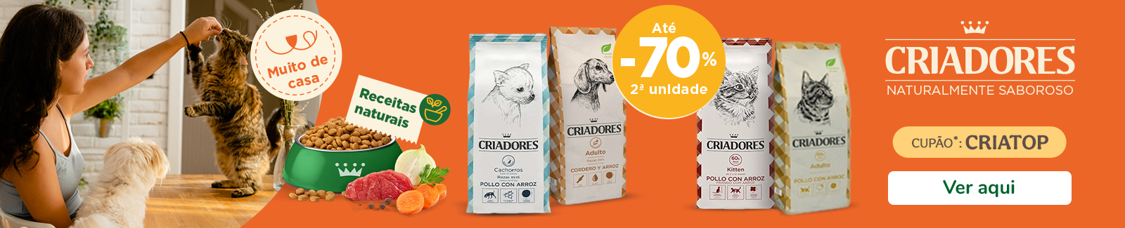 Criadores: Até 70% de desconto na 2.ª unidade de ração para cães e gatos.