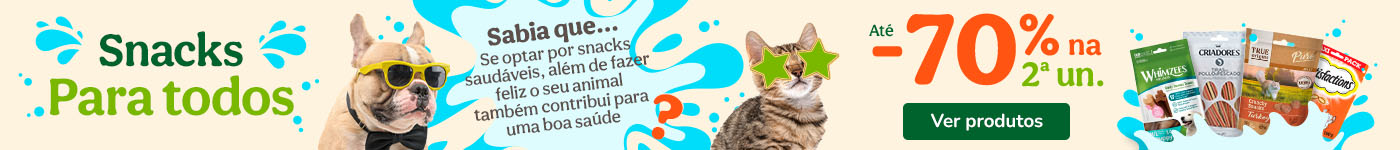 Até 70% de desconto na 2ª unidade em snacks para cão e gato. Recompensas deliciosas para o seu animal.