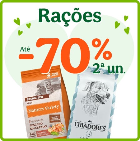 Até 70% de desconto na 2ª unidade de ração para o seu patudo.