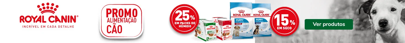 Royal Canin: 15% de desconto em ração e 25% de desconto em pack de 12 unidades de comida húmida para cães.