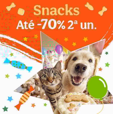 Até 70% de desconto na 2.ª unidade em snacks para animais de companhia.