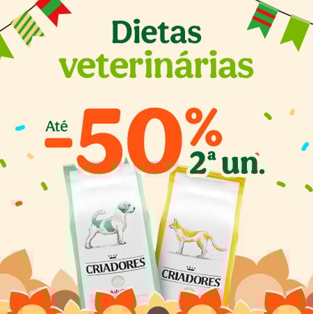 Até 50% de desconto na 2ª unidade em dietas veterinárias para cão e gato. Soluções alimentares especializadas.
