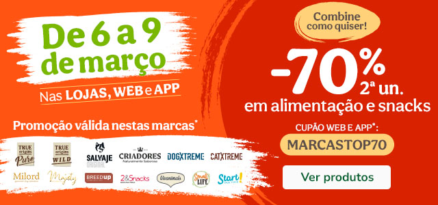 Até 70% de desconto na 2ª unidade de alimentação para o seu patudo.