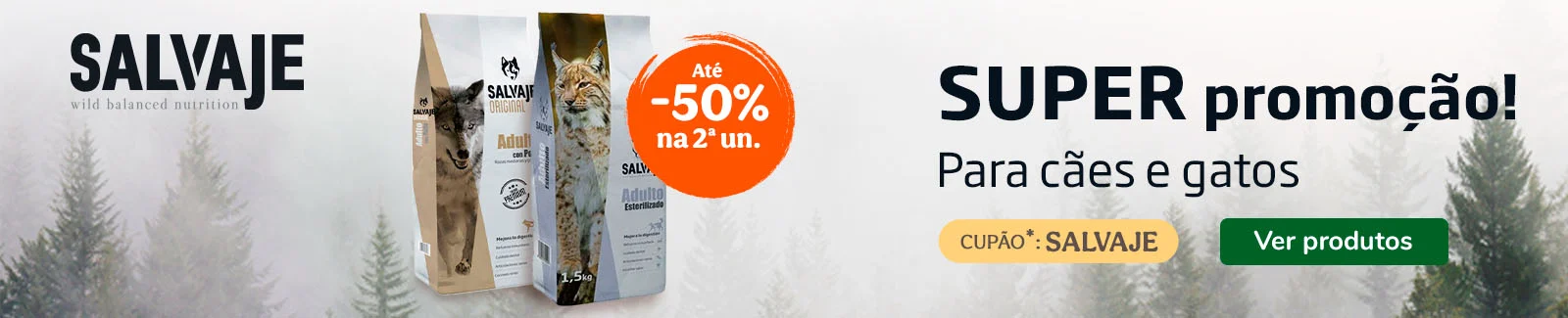 50% de desconto na segunda unidade numa seleção de ração para cães da marca Salvaje, promoção Tiendanimal.