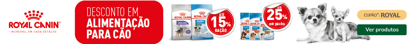 Royal Canin: Até 15% de desconto em ração e até 25% de desconto em packs de 48 húmidos para cão.