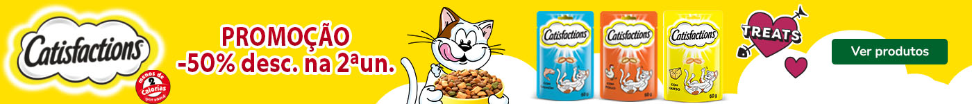 Catisfaction: 50% de desconto na 2ª unidade de snacks para gato.