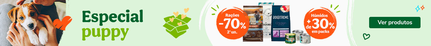 Até 70% de desconto na 2ª unidade de ração e +30% de desconto em packs de alimento húmido para cachorros.
