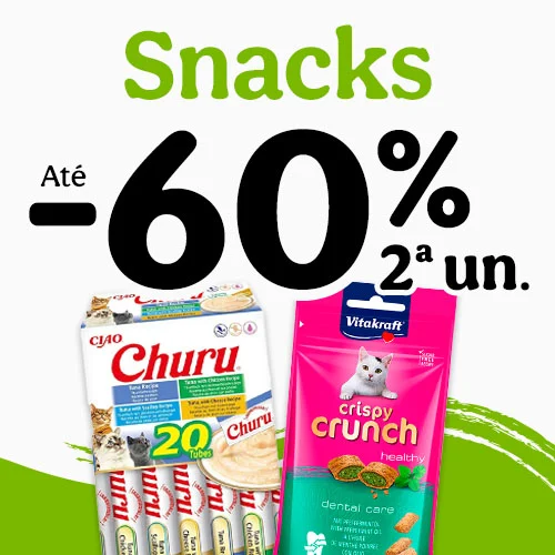 Até 60% de desconto na 2ª unidade de snacks para o seu patudo.