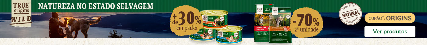 True Origins Wild: 70% de desconto na 2ª unidade de ração e mais de 30% de desconto em packs de húmidos para  gato. True Origins Wild: 70% de desconto na 2ª unidade de ração e mais de 30% de desconto em packs de húmidos para  gato.