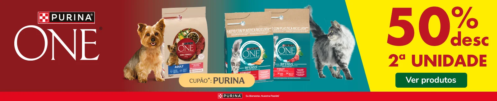 Purina ONE: 50% de desconto na 2.&ordf; unidade de ra&ccedil;&atilde;o para o seu patudo.