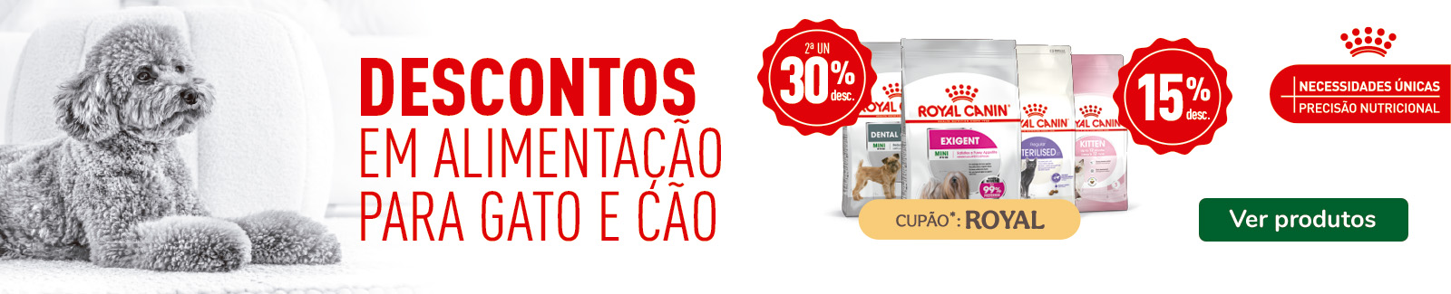 At&eacute; 15% de desconto numa sele&ccedil;&atilde;o de ra&ccedil;&atilde;o para gato e at&eacute; 30% na 2&ordf; unidade numa sele&ccedil;&atilde;o de ra&ccedil;&atilde;o para c&atilde;o da Royal Canin.