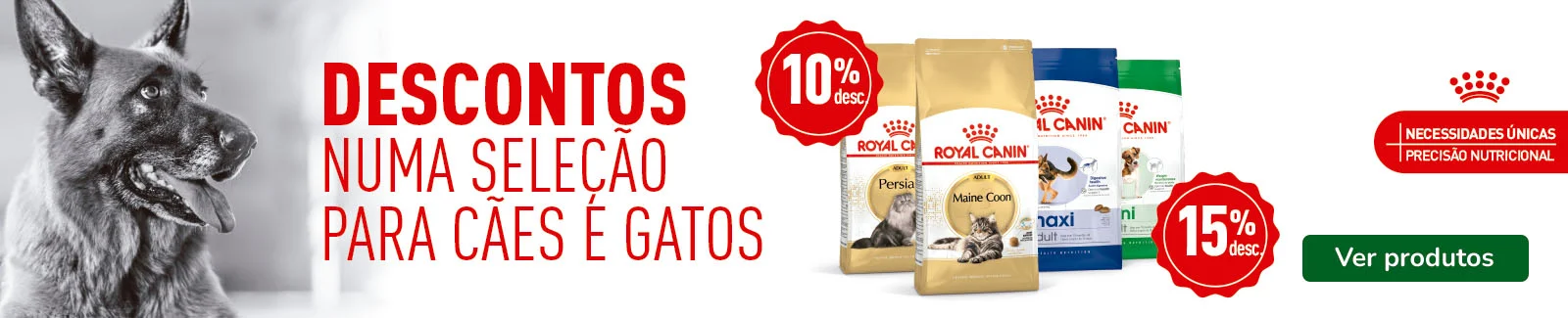 Royal Canin: 15% de desconto em sacos grandes e 30% de desconto na 2&ordf; unidade em sacos pequenos de ra&ccedil;&atilde;o para gato.
