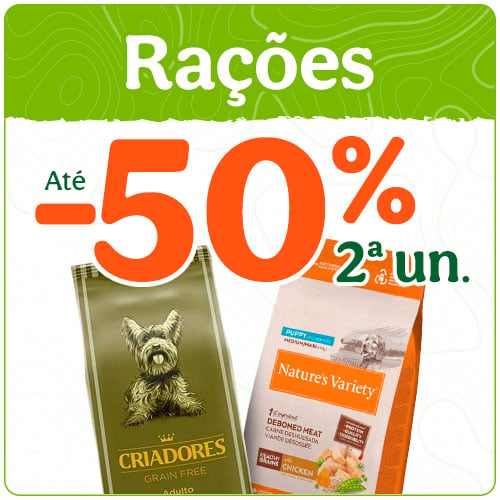 Até 50% de desconto na 2.ª unidade de ração para cães.