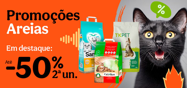 Até 50% de desconto na 2ª unidade de areia para o seu gato.