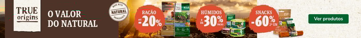 True Origins: Até 20% de desconto em ração, +30% de desconto em packs de húmidos e 60% de desconto na 2ª unidade de snacks para o seu patudo.