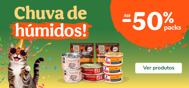 Até 50% de desconto em packs de alimento húmido para gatos.