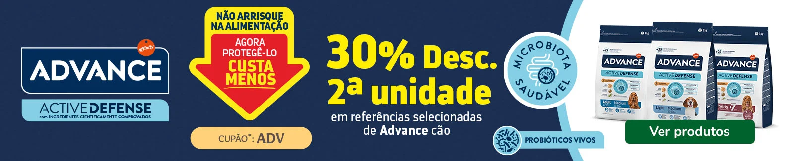 Advance: 30% de desconto na 2ª unidade de ração para cão de porte médio.