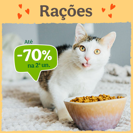 Até 70% de desconto na 2ª unidade de ração para gato.