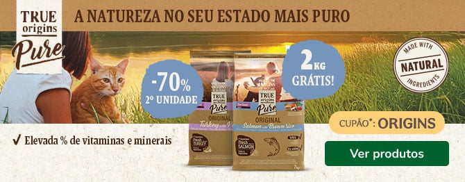7+2 unidades grátis e 70% de desconto na segunda unidade numa seleção de ração para gatos True Origins Pure.