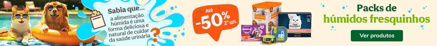 Comida húmida: Até 50% de desconto em packs selecionados.