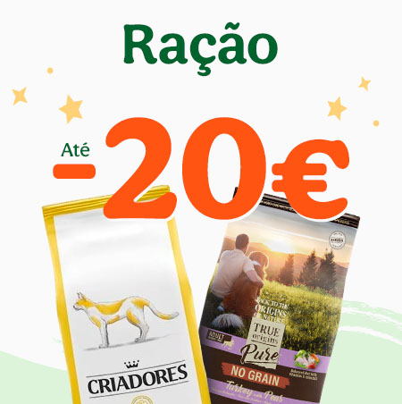 Poupe até 20€ em ração para cão e gato na Tiendanimal. Aproveite esta promoção para oferecer uma alimentação de qualidade a preços reduzidos para o seu pet!
