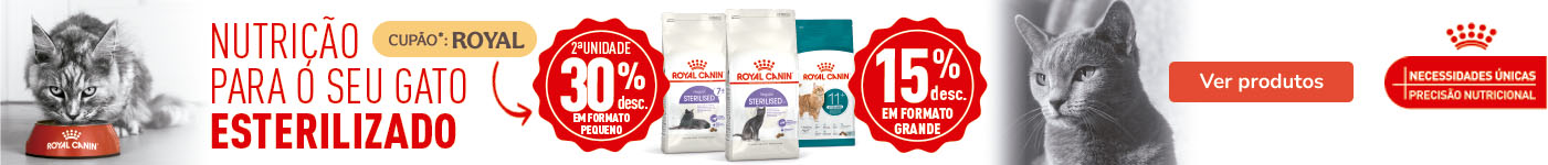 Royal Canin: 15% de desconto em sacos grandes e 30% de desconto na 2ª unidade em sacos pequenos de ração para gato.
