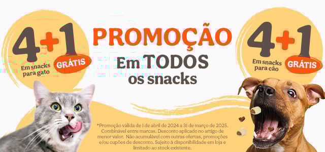 Adicione 5 unidades de snacks ao carrinho e pague apenas 4, numa seleção de snacks para cão e gato.