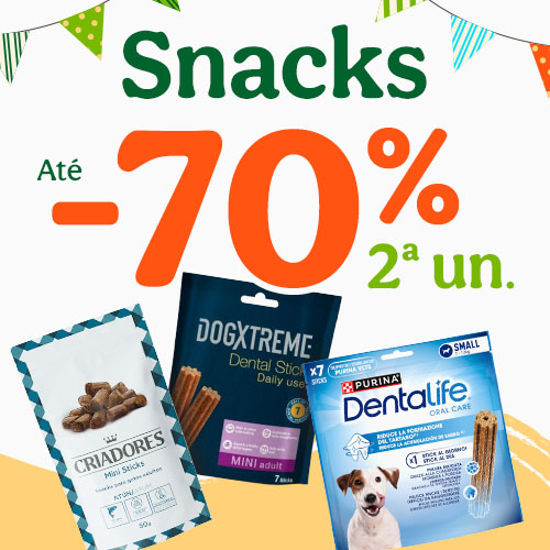 70% de desconto na 2.ª unidade em snacks para cães.