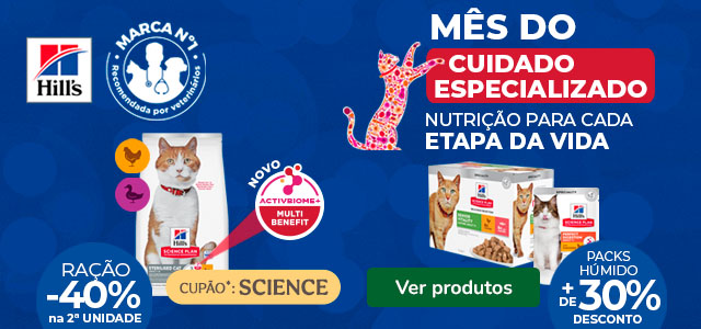 Hill's Science Plan: 40% de desconto na 2ª unidade de ração e +30% de desconto em packs de alimento húmido para gato.