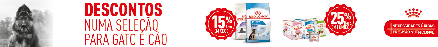 Royal Canin: 15% de desconto em ração e 25% de desconto em embalagens de comida húmida para o seu animal de estimação.