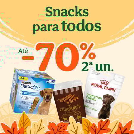 Até 70% de desconto na 2ª unidade de snacks para o seu cão. Até 70% de desconto na 2ª unidade de snacks para o seu cão.