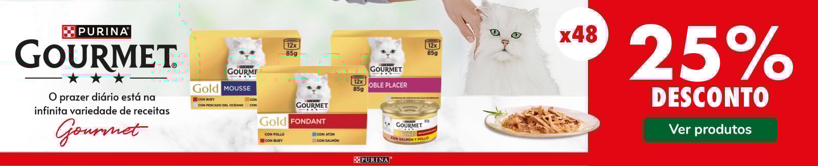 25% de desconto em pack de 48 unidades de comida húmida Gourmet para gato na Tiendanimal. Aproveite esta oferta para mimar o seu felino com sabor e qualidade.