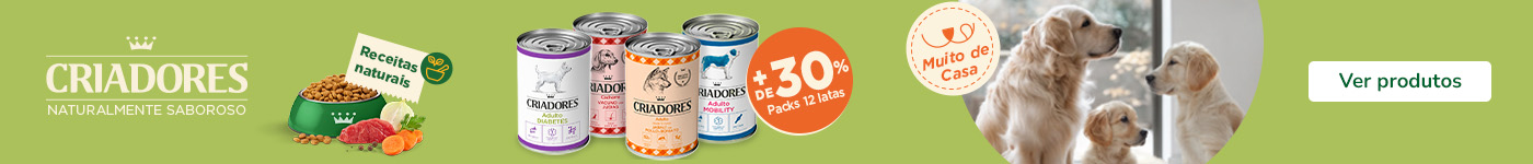 Mais de 30% de desconto em packs de 12 unidades de comida húmida Criadores para cão. Mais de 30% de desconto em packs de 12 unidades de comida húmida Criadores para cão.
