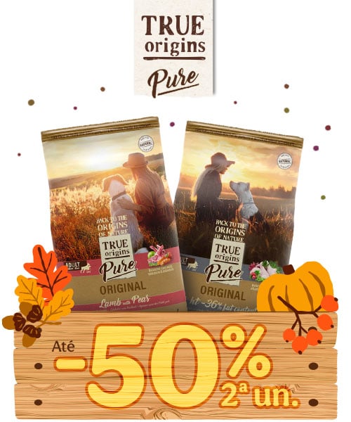 True Origins Pure: 20% de desconto em sacos grandes e 50% de desconto na 2ª unidade de sacos pequenos de ração para cão. True Origins Pure: 20% de desconto em sacos grandes e 50% de desconto na 2ª unidade de sacos pequenos de ração para cão.