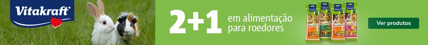 Vitakraft: Promoção 2+1 grátis em snacks para pequenos animais.