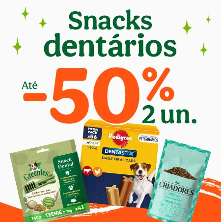Até 50% de desconto na 2ª unidade de snacks para o seu patudo.