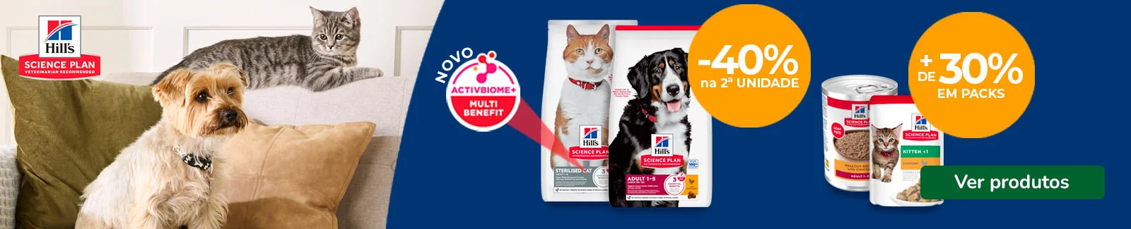 Hill's Science Plan: 40% de desconto na 2&ordf; unidade de ra&ccedil;&atilde;o para gato + 30% de desconto em packs de alimento h&uacute;mido.