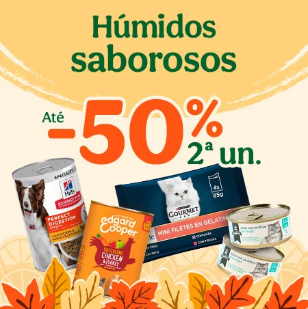 Até 50% de desconto na 2ª unidade de húmidos deliciosos para o seu patudo. Até 50% de desconto na 2ª unidade de húmidos deliciosos para o seu patudo.