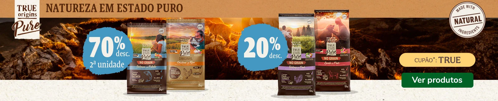 True Origins Pure: 20% de desconto em ra&ccedil;&atilde;o para c&atilde;es e 70% de desconto na 2.&ordf; unidade de ra&ccedil;&atilde;o para gatos.