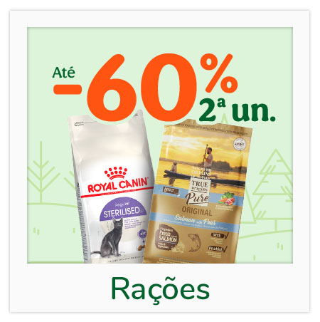 Até 60% de desconto na segunda unidade de ração para cães e gatos.