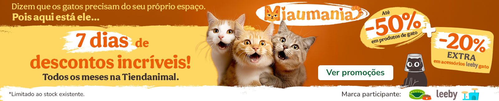 50% de desconto em produtos para gatos e 20% de desconto extra em acessórios Leeby