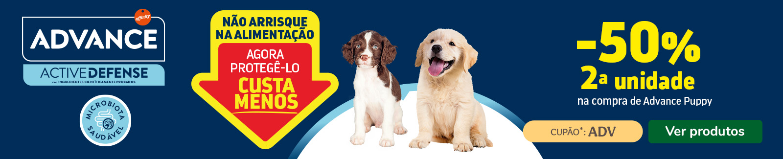 50% de desconto na 2ª unidade de ração para cachorro da Advance. Promoção aplicável numa seleção de produtos.