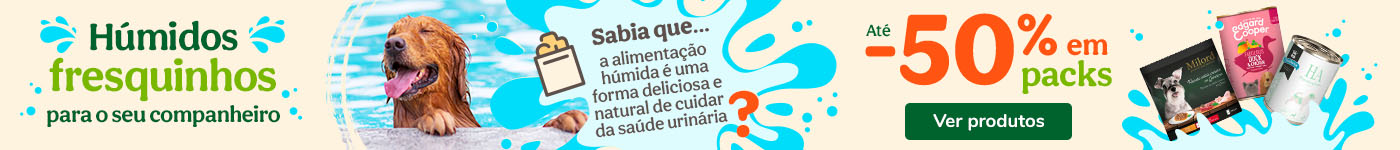 Até 50% de desconto em packs de comida húmida para cão. Alimentação saborosa e equilibrada para o seu patudo.