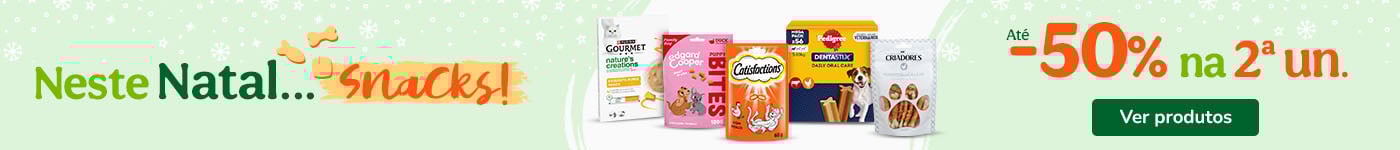 Snacks: Até 40% de desconto em packs de snacks para cão e gato.