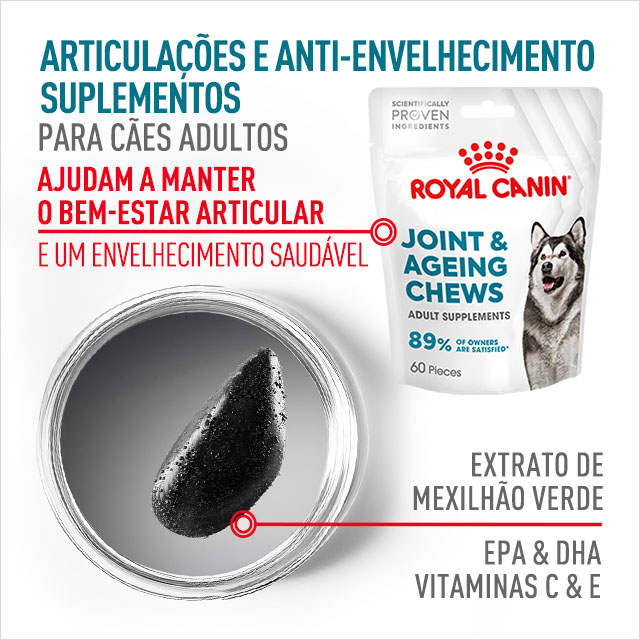 Articulações e envelhecimento. Suplemento para cães adultos. Ajuda a manter o bem-estar articular