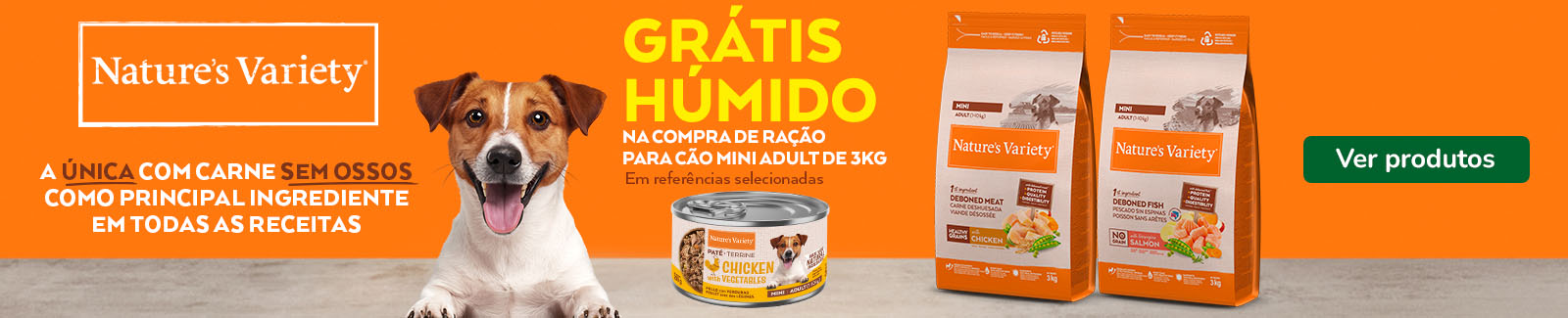 Receba alimento h&uacute;mido gr&aacute;tis na compra de uma sele&ccedil;&atilde;o de ra&ccedil;&atilde;o da Nature's Variety para c&atilde;o.