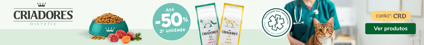 50% de desconto na 2ª unidade numa seleção de ração dietética para gato da Criadores. Saúde felina com sabor.