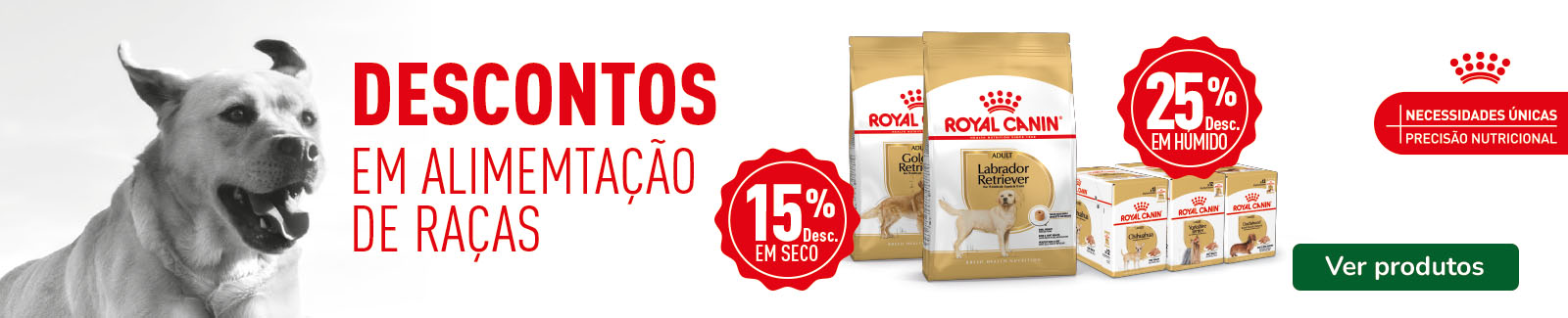 Royal Canin: At&eacute; 15% de desconto em ra&ccedil;&atilde;o e 25% de desconto em packs de alimento h&uacute;mido para c&atilde;o.